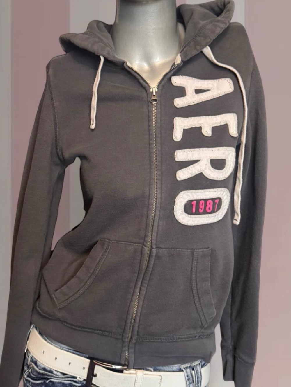 Aeropostale Y2K Grey/Pink Zip Hoodie